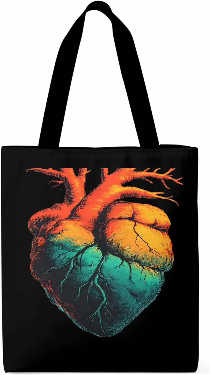 Canvas Tote Bag, Ombre Orange Teal Heart patterned Canvas Tote Handbags for Women Shoulder Bag,