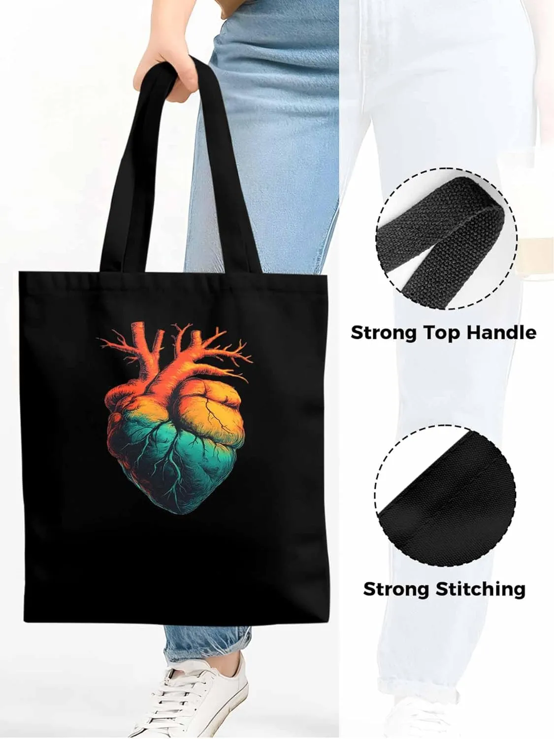 Canvas Tote Bag, Ombre Orange Teal Heart patterned Canvas Tote Handbags for Women Shoulder Bag,