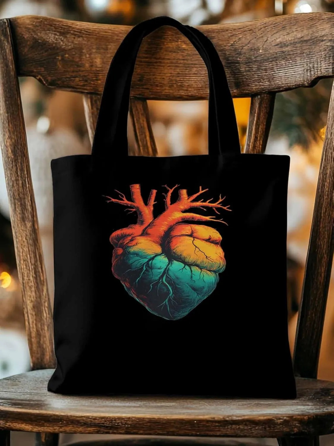 Canvas Tote Bag, Ombre Orange Teal Heart patterned Canvas Tote Handbags for Women Shoulder Bag,