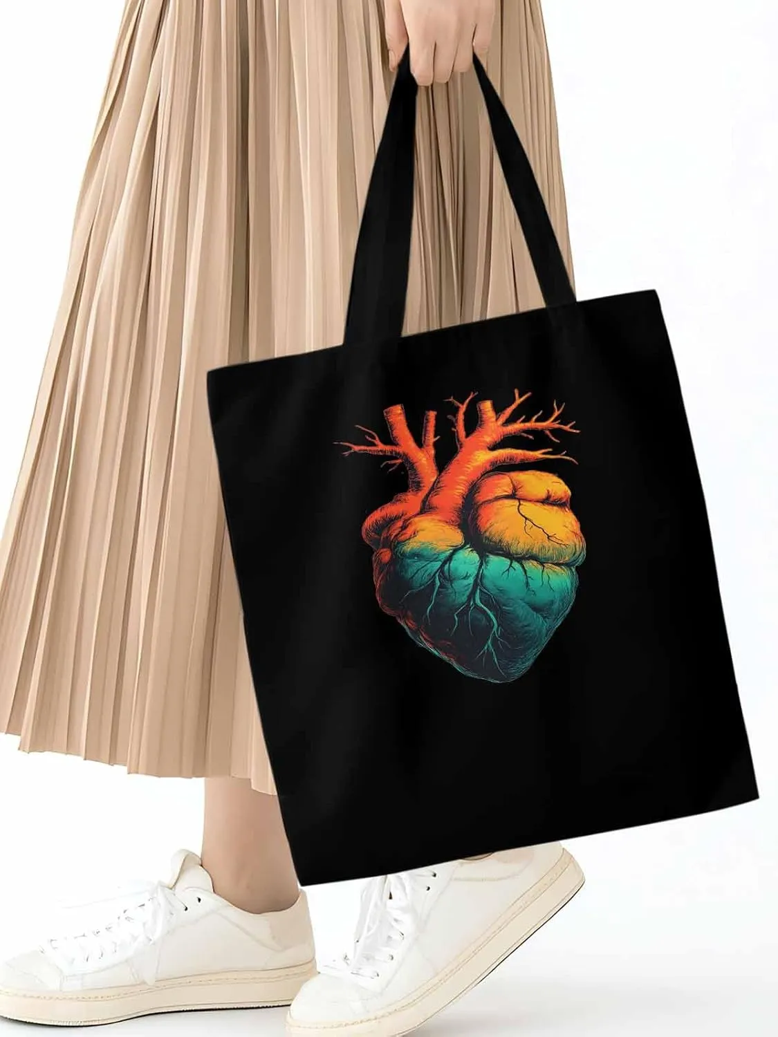 Canvas Tote Bag, Ombre Orange Teal Heart patterned Canvas Tote Handbags for Women Shoulder Bag,