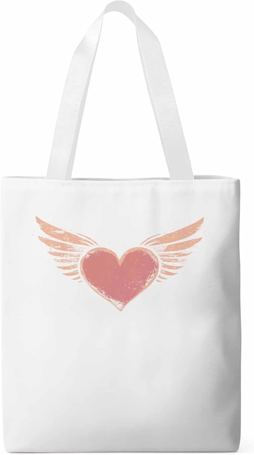Canvas Tote Bag, Pink Heart Love Orange Wings patterned Canvas Tote Handbags for Women Shoulder Bag,