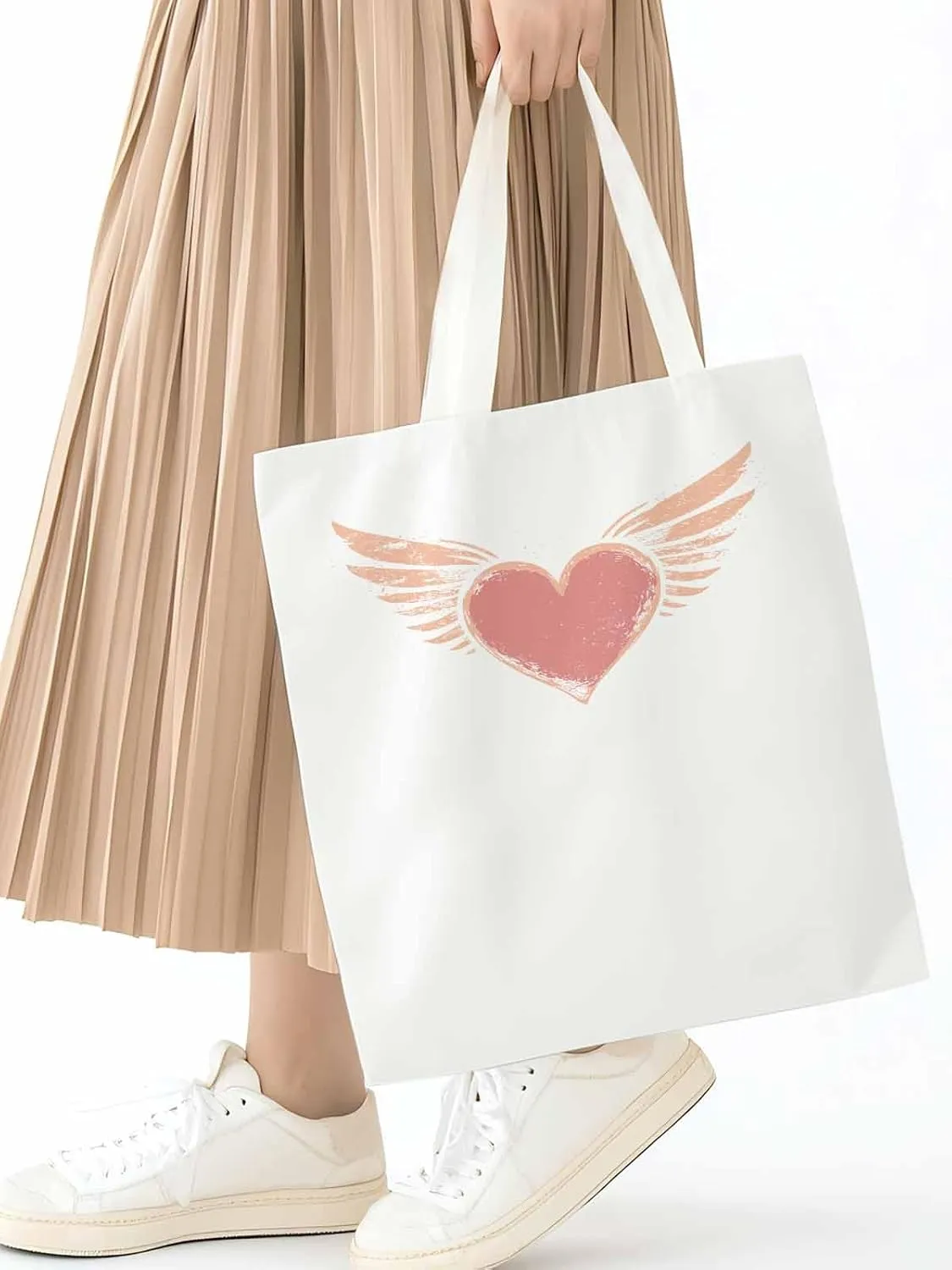 Canvas Tote Bag, Pink Heart Love Orange Wings patterned Canvas Tote Handbags for Women Shoulder Bag,