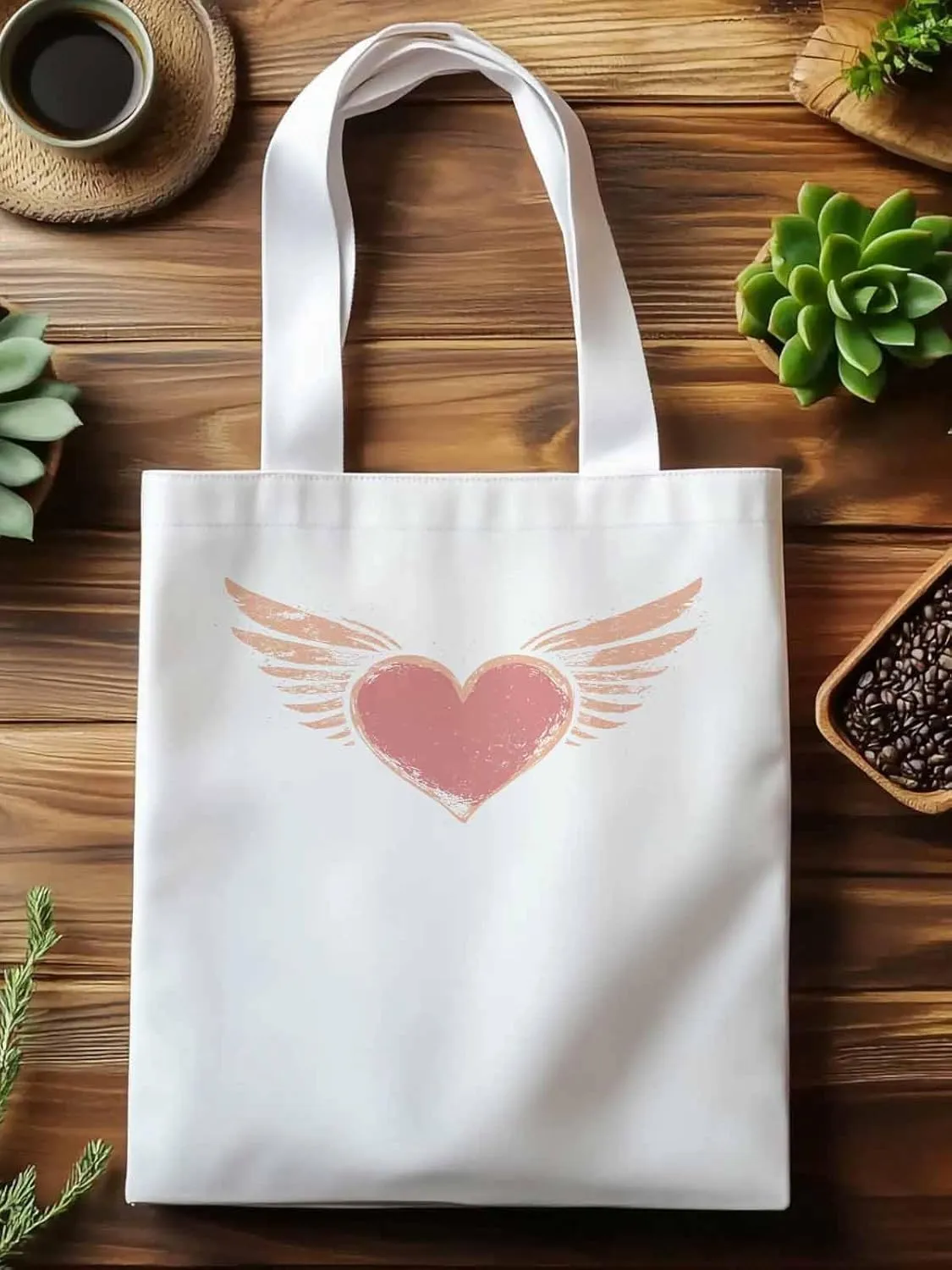 Canvas Tote Bag, Pink Heart Love Orange Wings patterned Canvas Tote Handbags for Women Shoulder Bag,