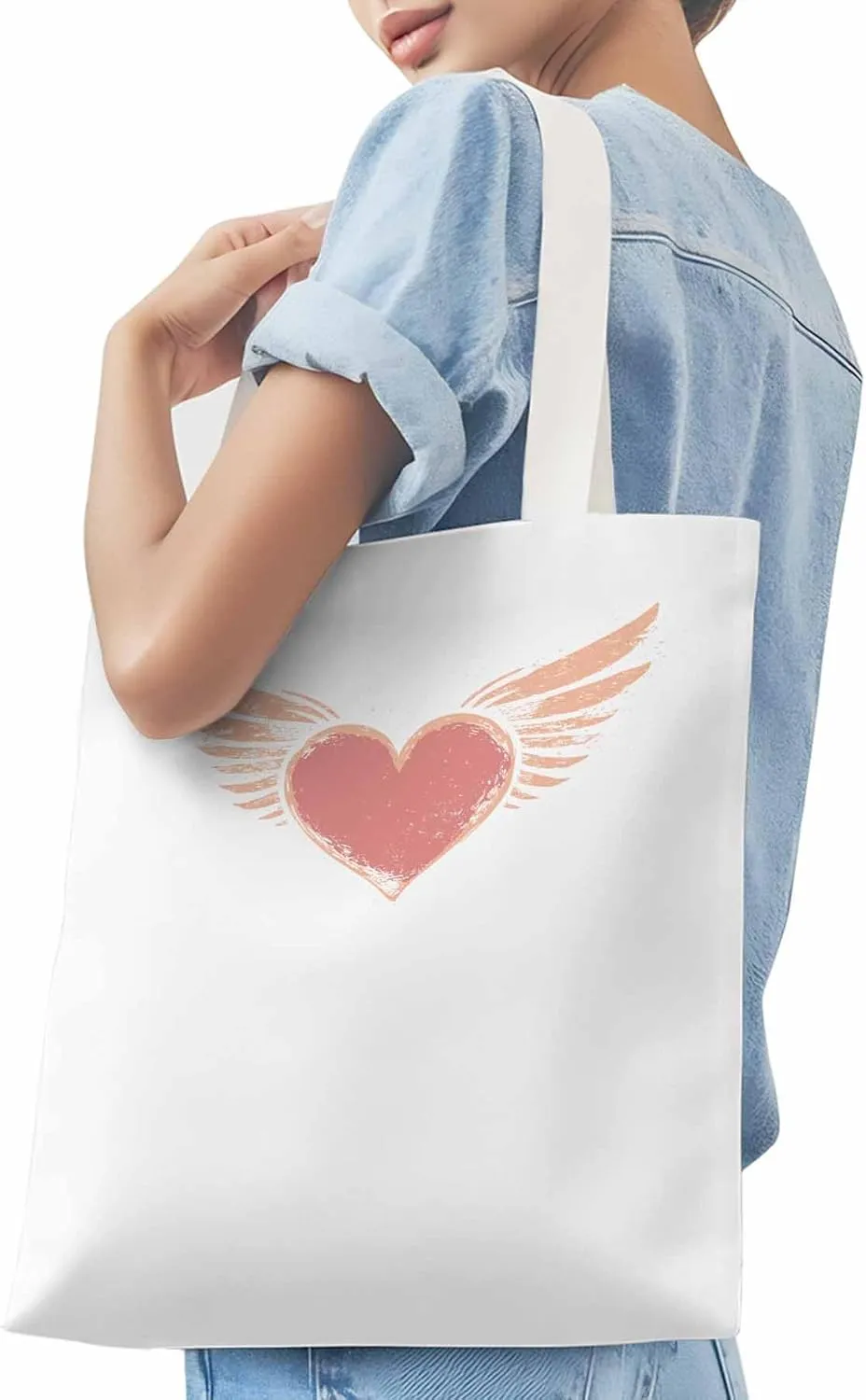 Canvas Tote Bag, Pink Heart Love Orange Wings patterned Canvas Tote Handbags for Women Shoulder Bag,