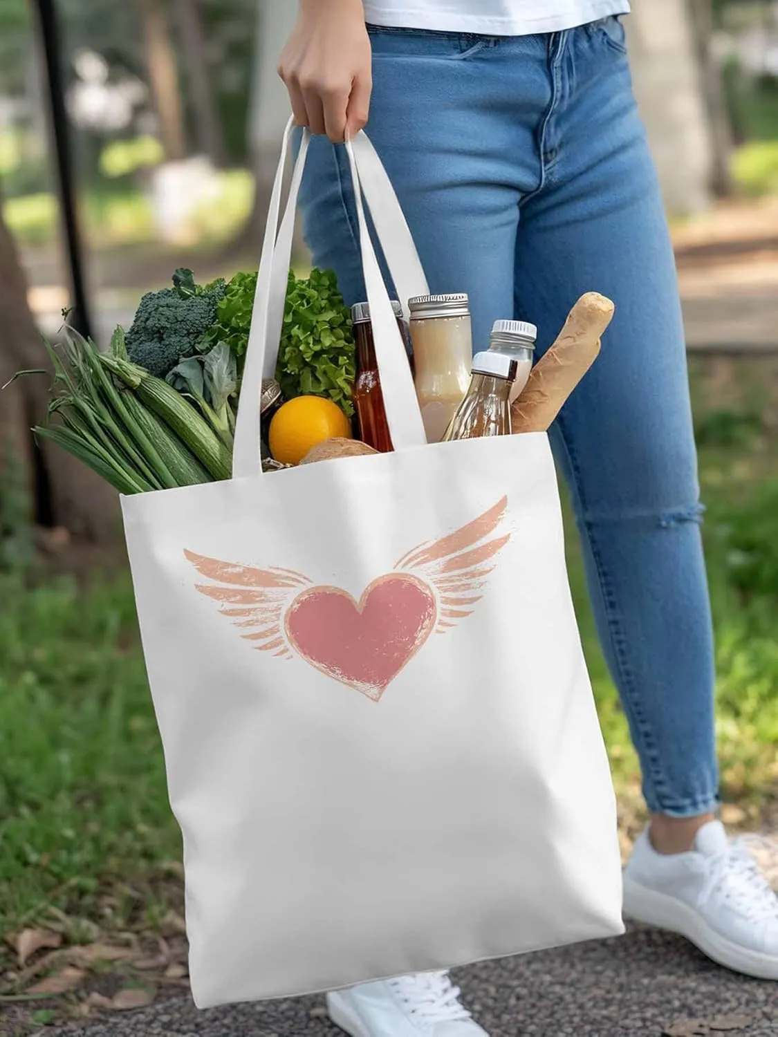 Canvas Tote Bag, Pink Heart Love Orange Wings patterned Canvas Tote Handbags for Women Shoulder Bag,