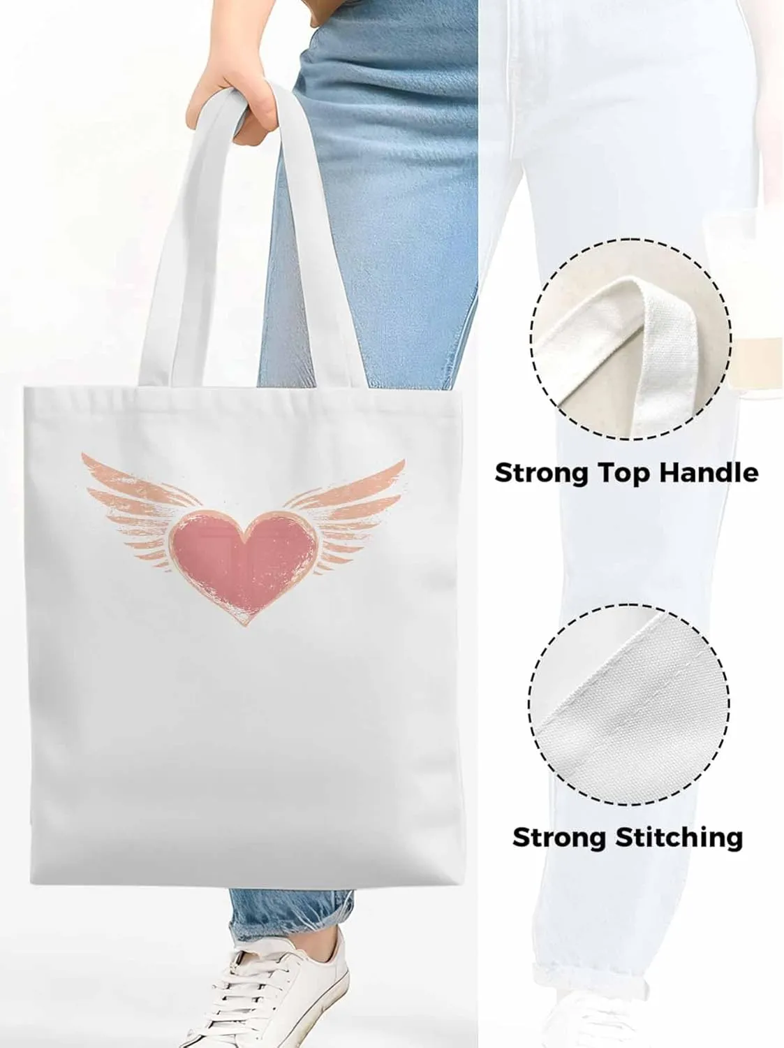 Canvas Tote Bag, Pink Heart Love Orange Wings patterned Canvas Tote Handbags for Women Shoulder Bag,