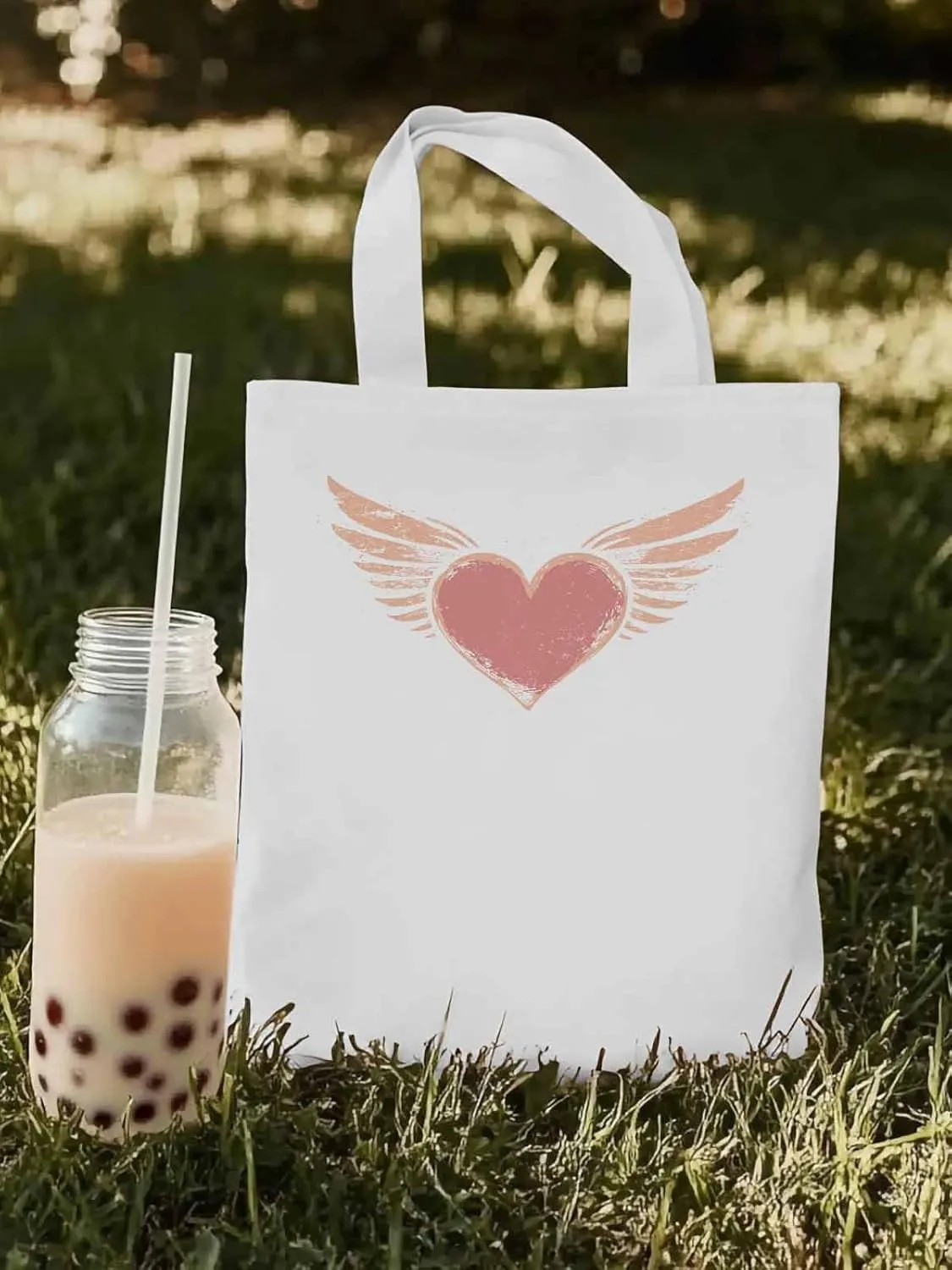 Canvas Tote Bag, Pink Heart Love Orange Wings patterned Canvas Tote Handbags for Women Shoulder Bag,