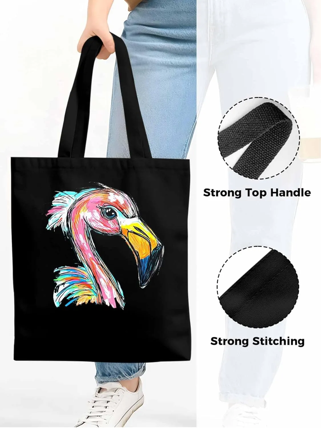 Canvas Tote Bag, Pink Painting Flamingo Aesthetic Canvas Tote Handbags for Women Shoulder Bag