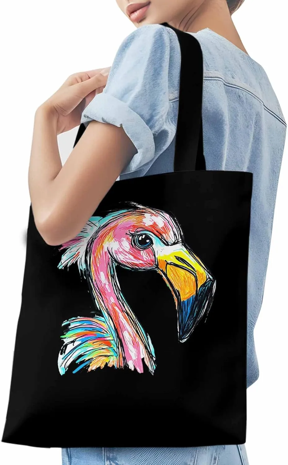 Canvas Tote Bag, Pink Painting Flamingo Aesthetic Canvas Tote Handbags for Women Shoulder Bag