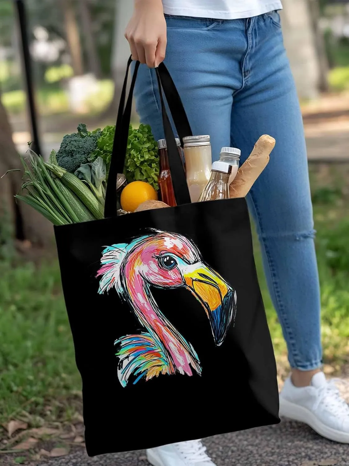 Canvas Tote Bag, Pink Painting Flamingo Aesthetic Canvas Tote Handbags for Women Shoulder Bag