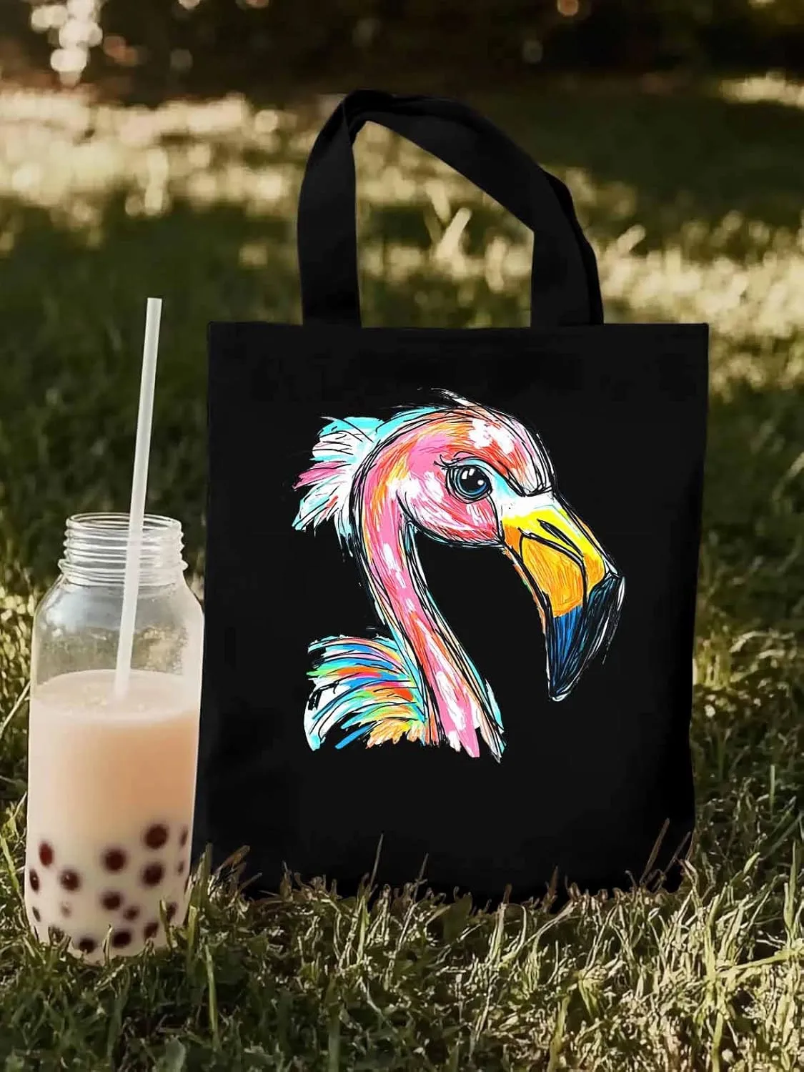 Canvas Tote Bag, Pink Painting Flamingo Aesthetic Canvas Tote Handbags for Women Shoulder Bag