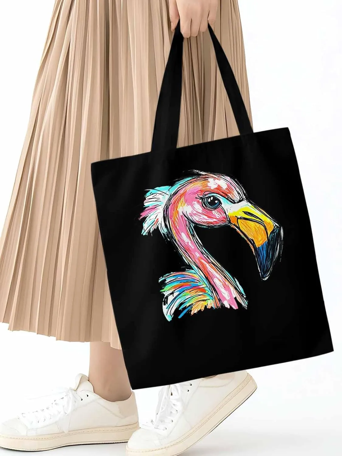 Canvas Tote Bag, Pink Painting Flamingo Aesthetic Canvas Tote Handbags for Women Shoulder Bag