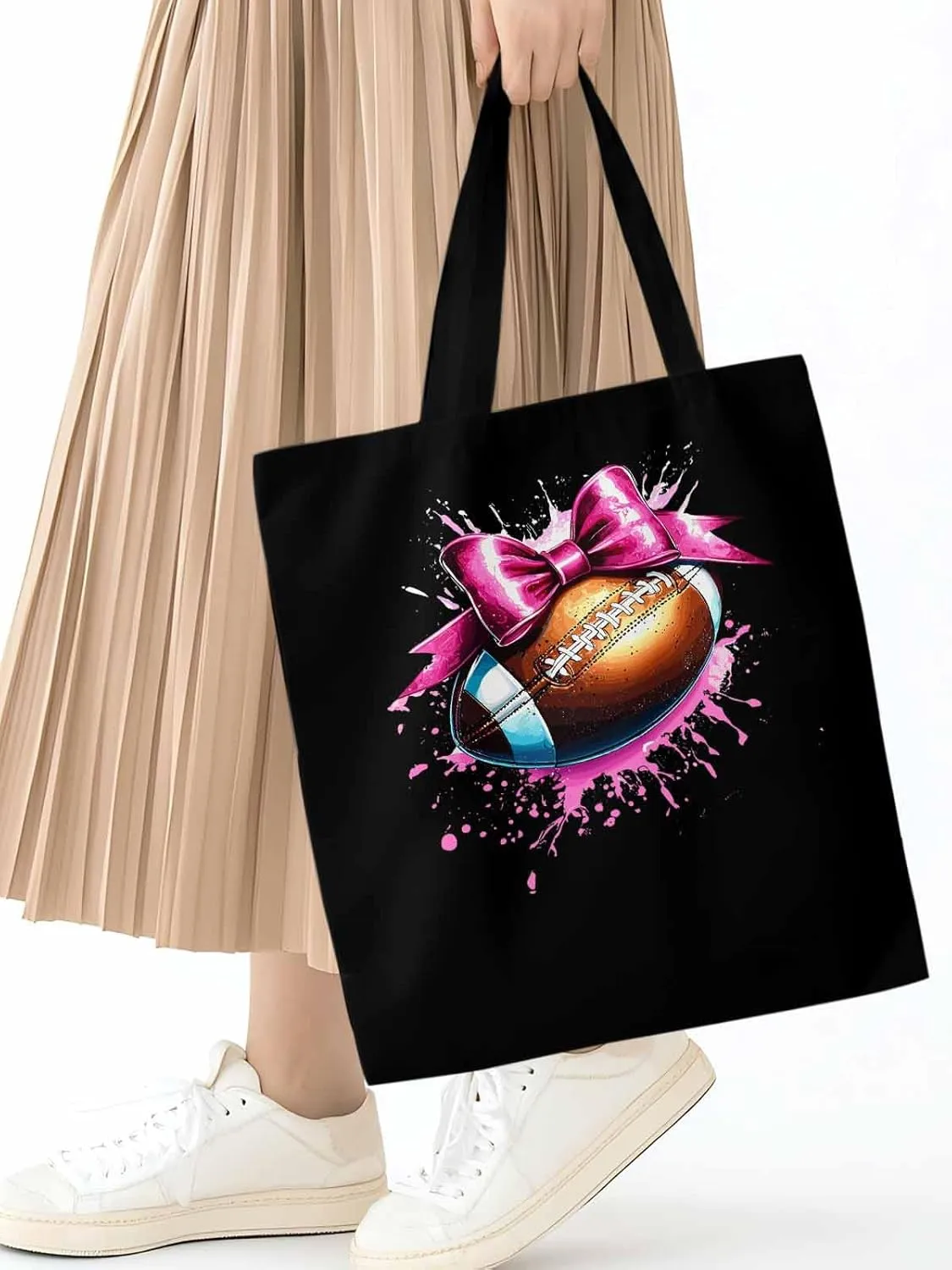 Canvas Tote Bag, Pink Splashing Football Bow Aesthetic Canvas Tote Handbags for Women Shoulder Bag
