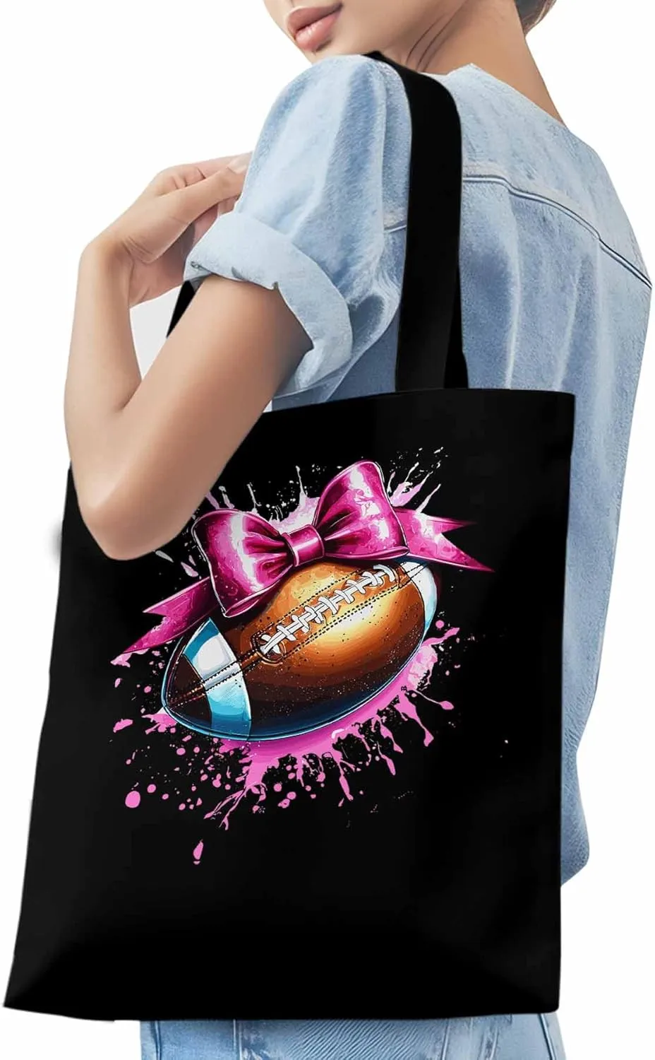 Canvas Tote Bag, Pink Splashing Football Bow Aesthetic Canvas Tote Handbags for Women Shoulder Bag