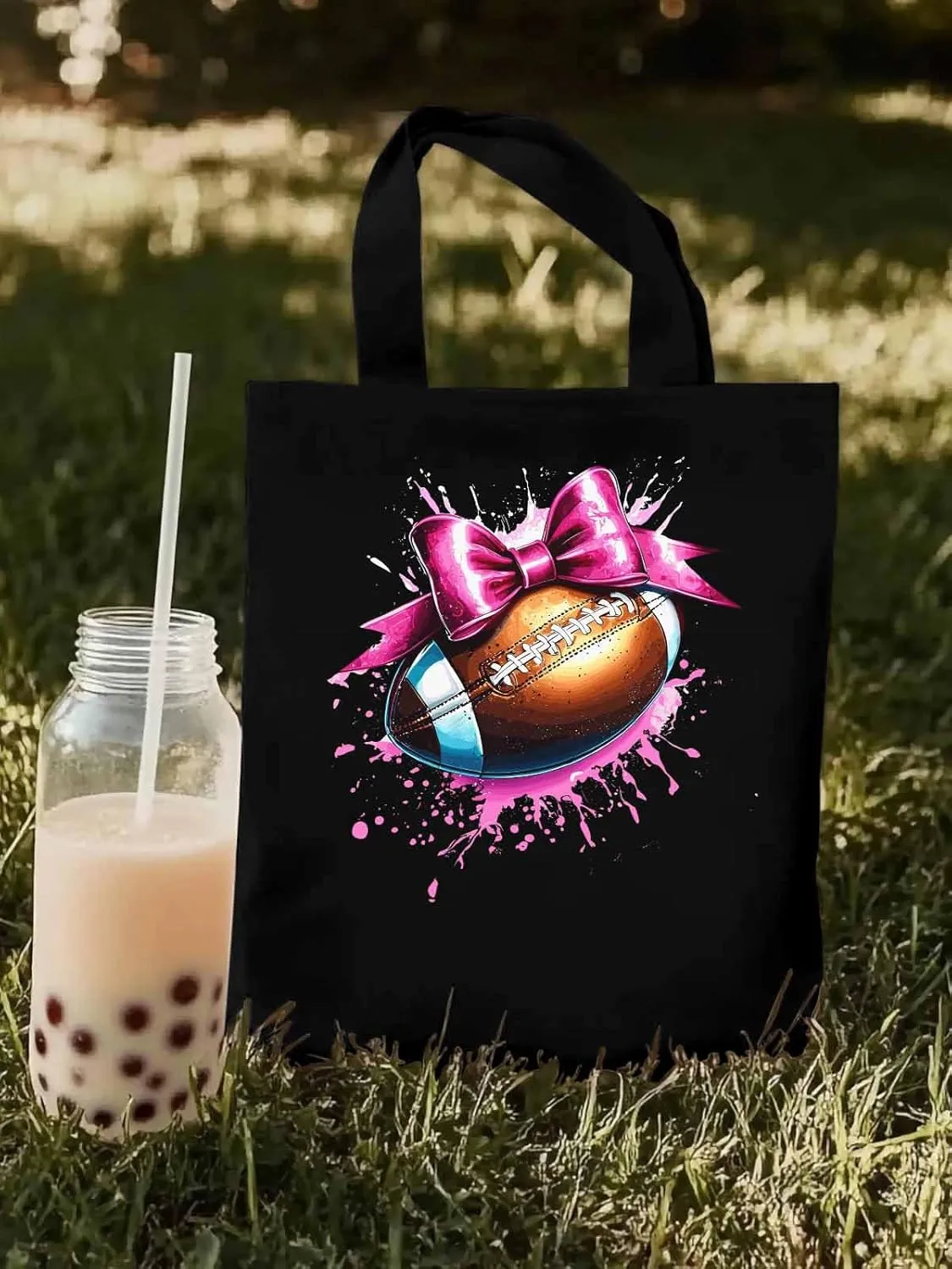 Canvas Tote Bag, Pink Splashing Football Bow Aesthetic Canvas Tote Handbags for Women Shoulder Bag