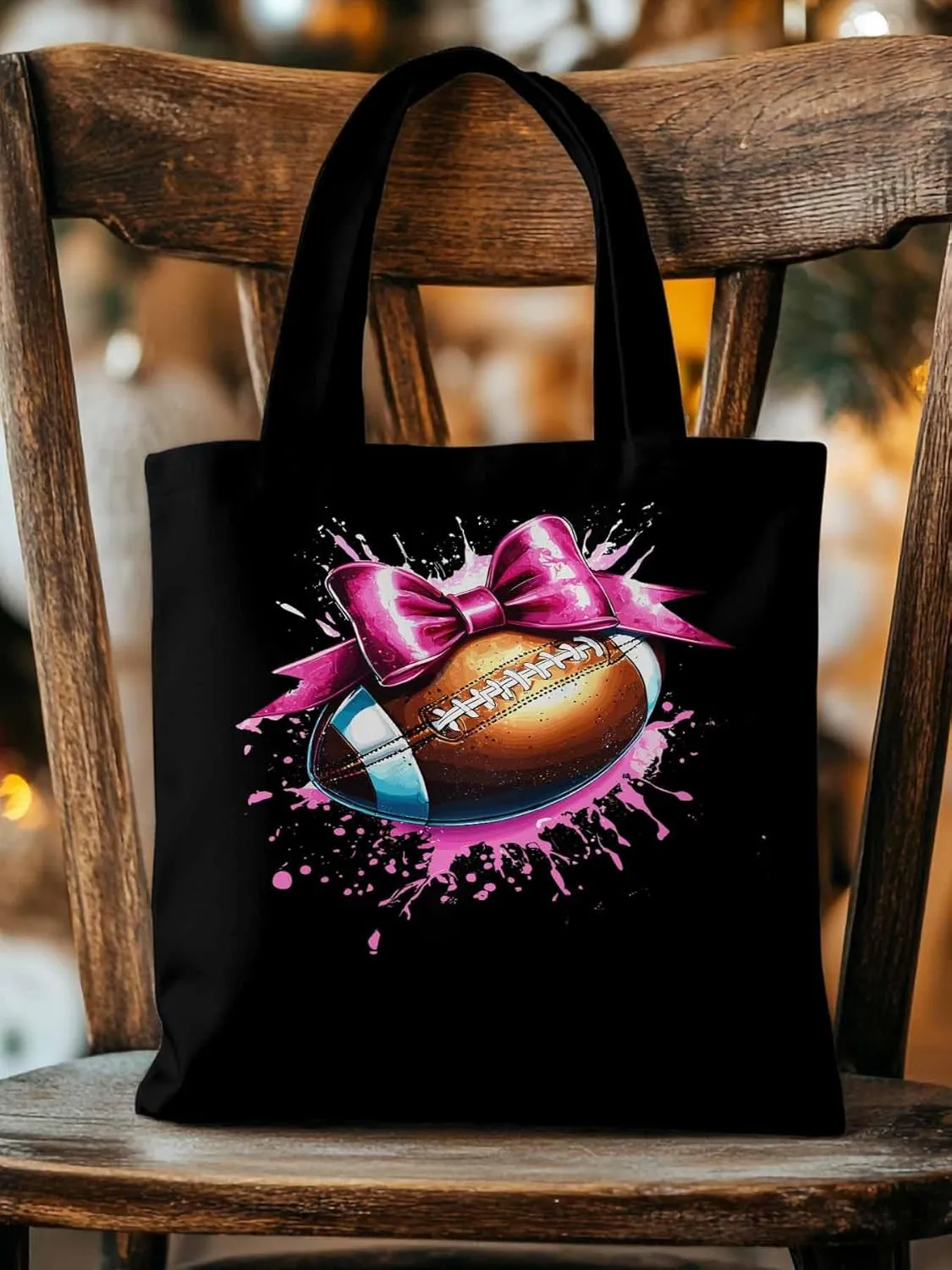 Canvas Tote Bag, Pink Splashing Football Bow Aesthetic Canvas Tote Handbags for Women Shoulder Bag