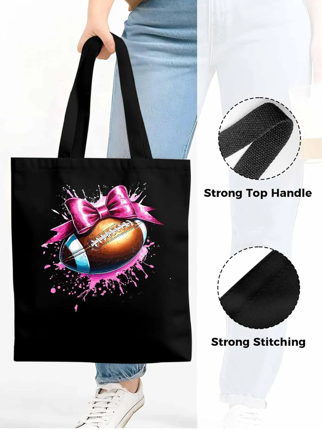 Canvas Tote Bag, Pink Splashing Football Bow Aesthetic Canvas Tote Handbags for Women Shoulder Bag