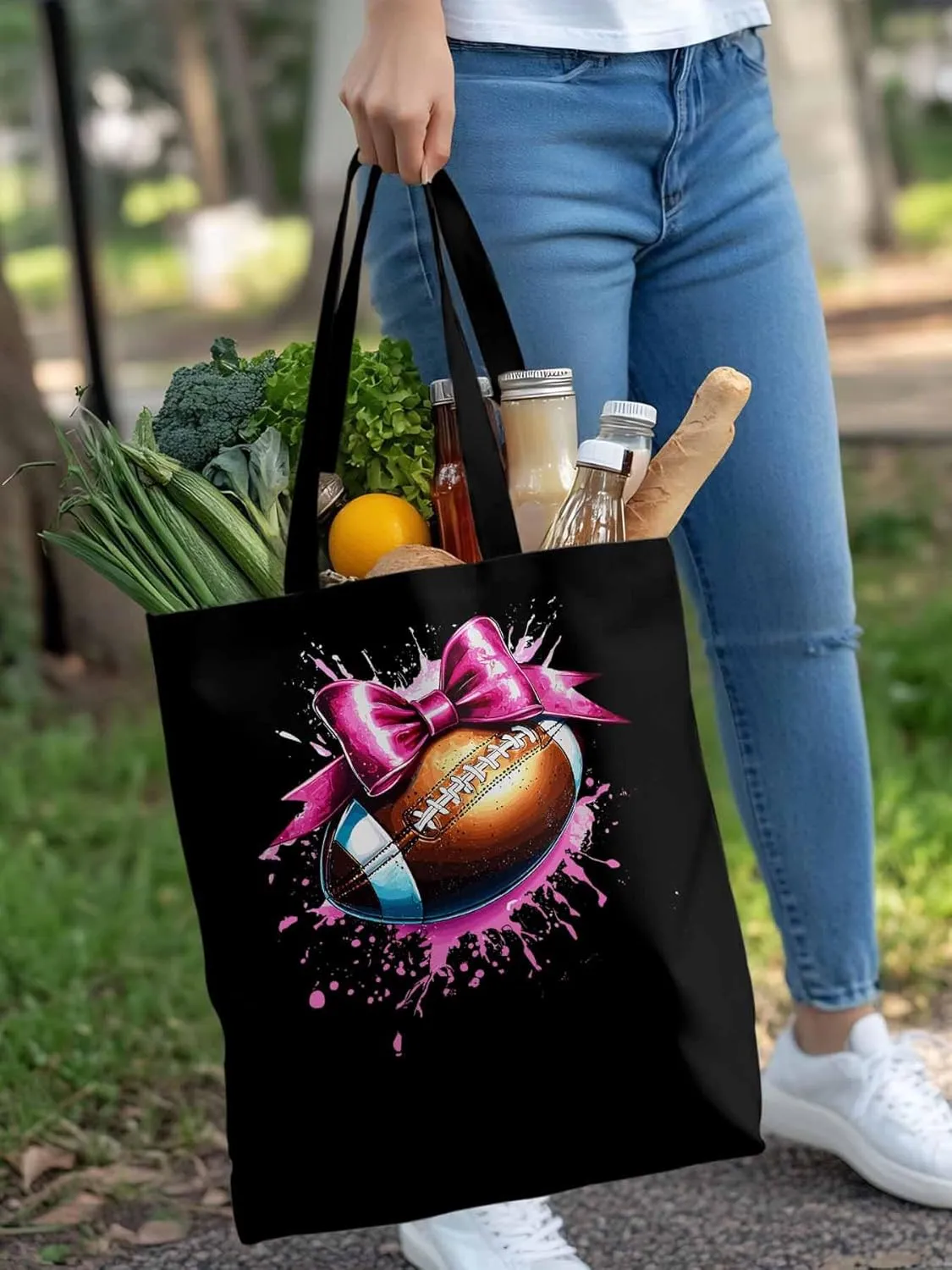 Canvas Tote Bag, Pink Splashing Football Bow Aesthetic Canvas Tote Handbags for Women Shoulder Bag
