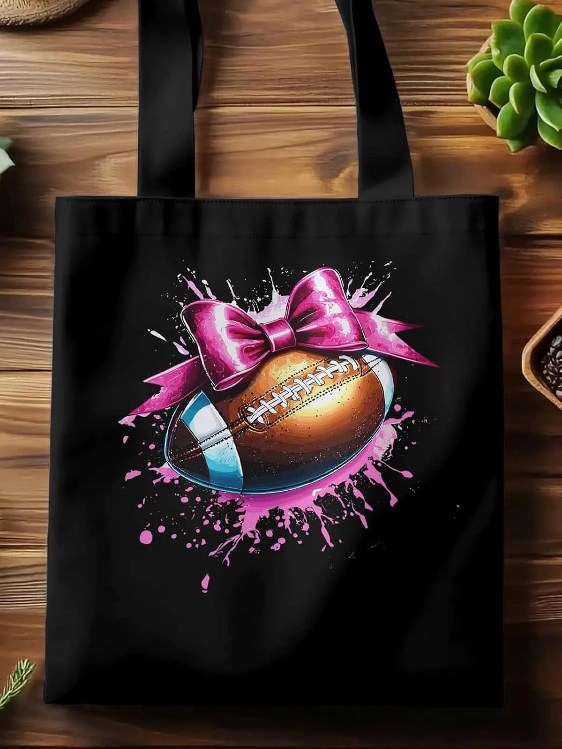 Canvas Tote Bag, Pink Splashing Football Bow Aesthetic Canvas Tote Handbags for Women Shoulder Bag