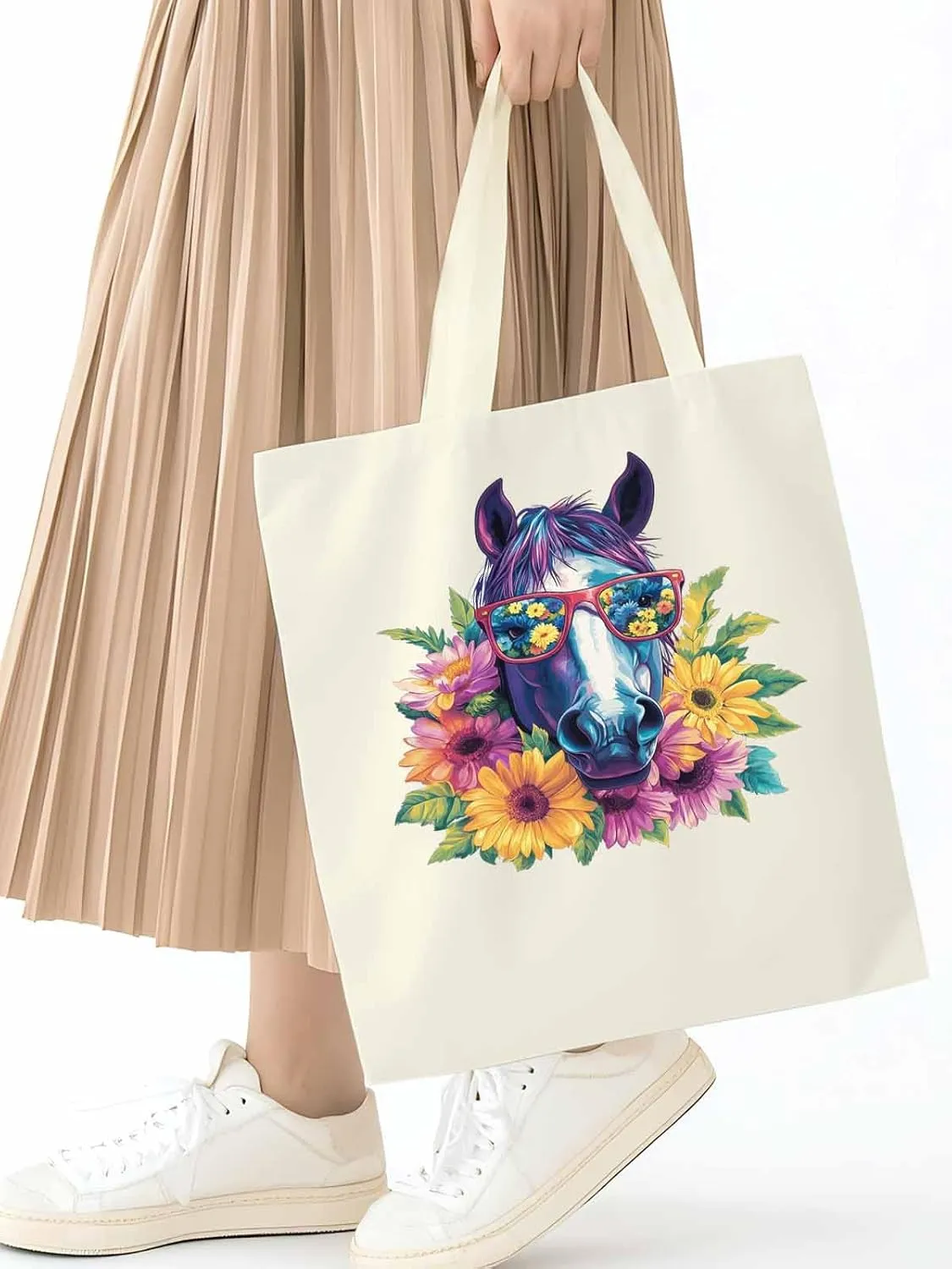 Canvas Tote Bag, Purple Horse Floral Print patterned Canvas Tote Handbags for Women Shoulder Bag,