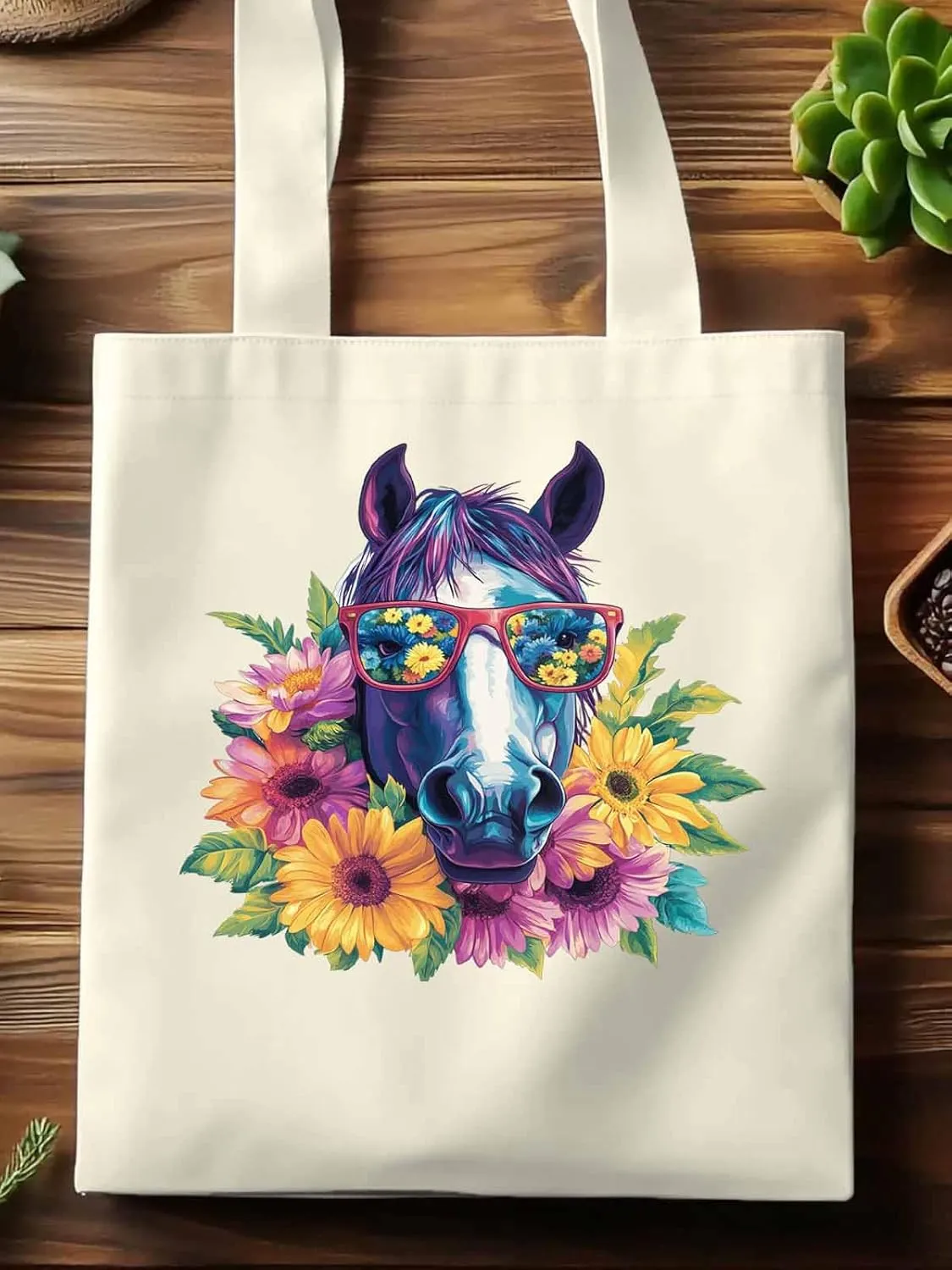 Canvas Tote Bag, Purple Horse Floral Print patterned Canvas Tote Handbags for Women Shoulder Bag,