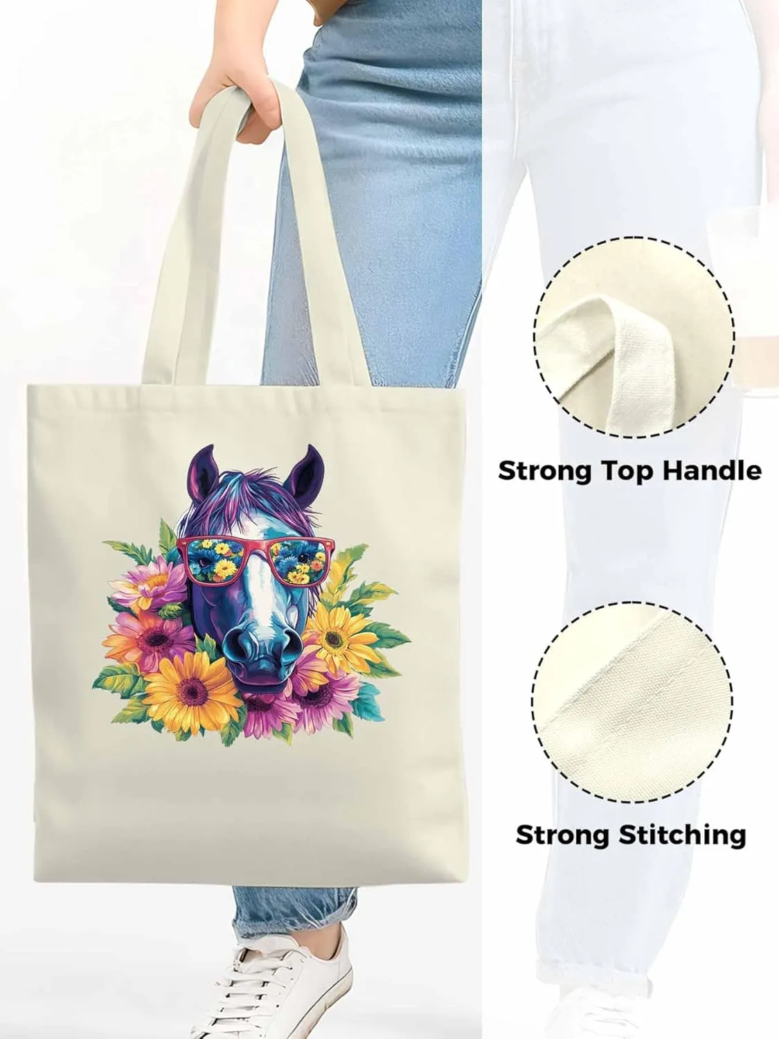 Canvas Tote Bag, Purple Horse Floral Print patterned Canvas Tote Handbags for Women Shoulder Bag,