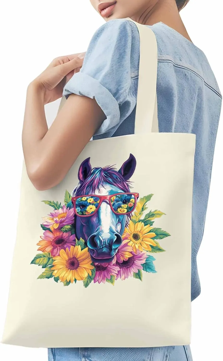 Canvas Tote Bag, Purple Horse Floral Print patterned Canvas Tote Handbags for Women Shoulder Bag,