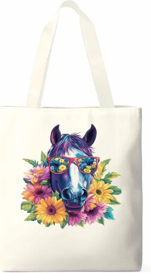 Canvas Tote Bag, Purple Horse Floral Print patterned Canvas Tote Handbags for Women Shoulder Bag,