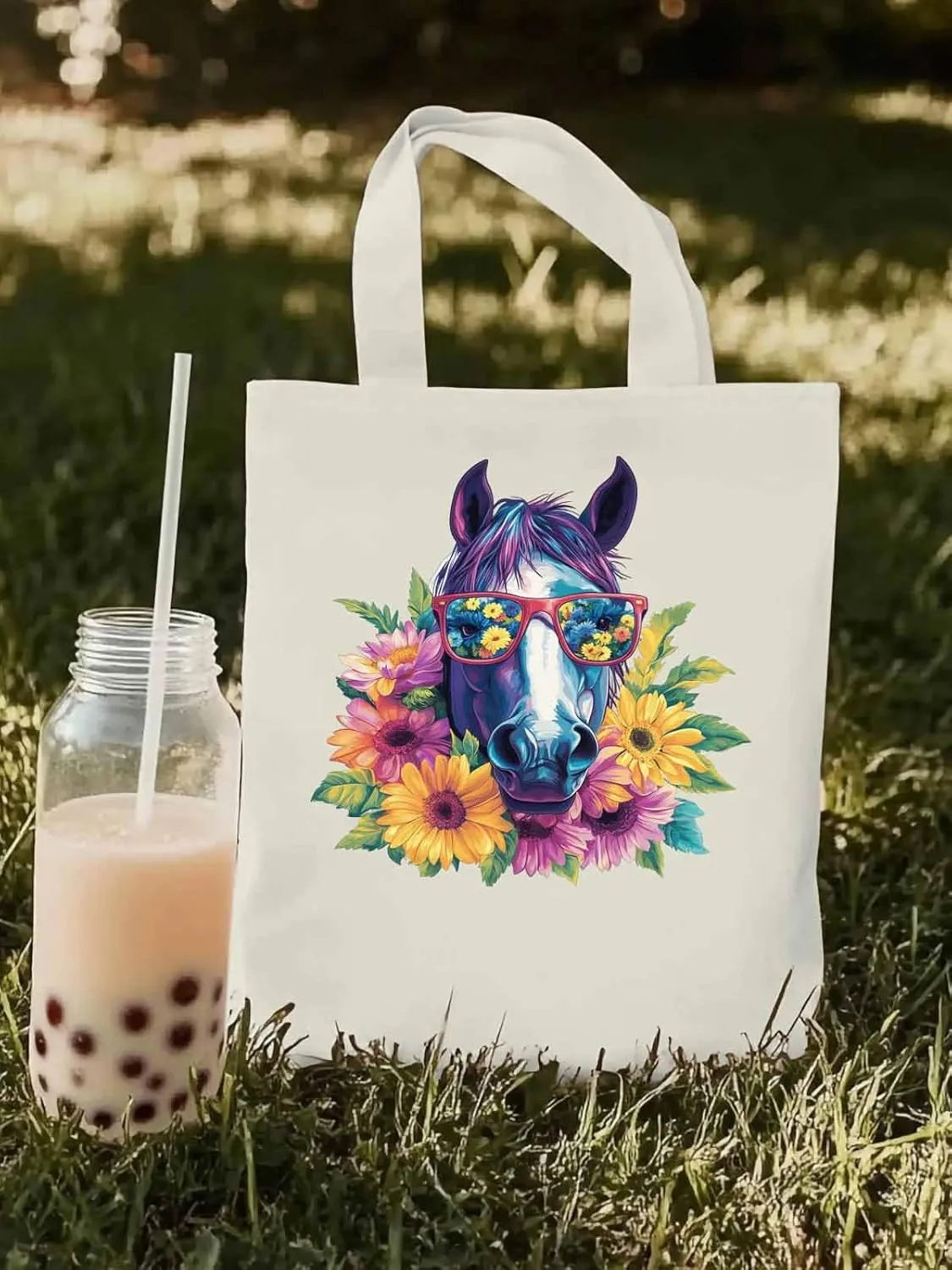 Canvas Tote Bag, Purple Horse Floral Print patterned Canvas Tote Handbags for Women Shoulder Bag,