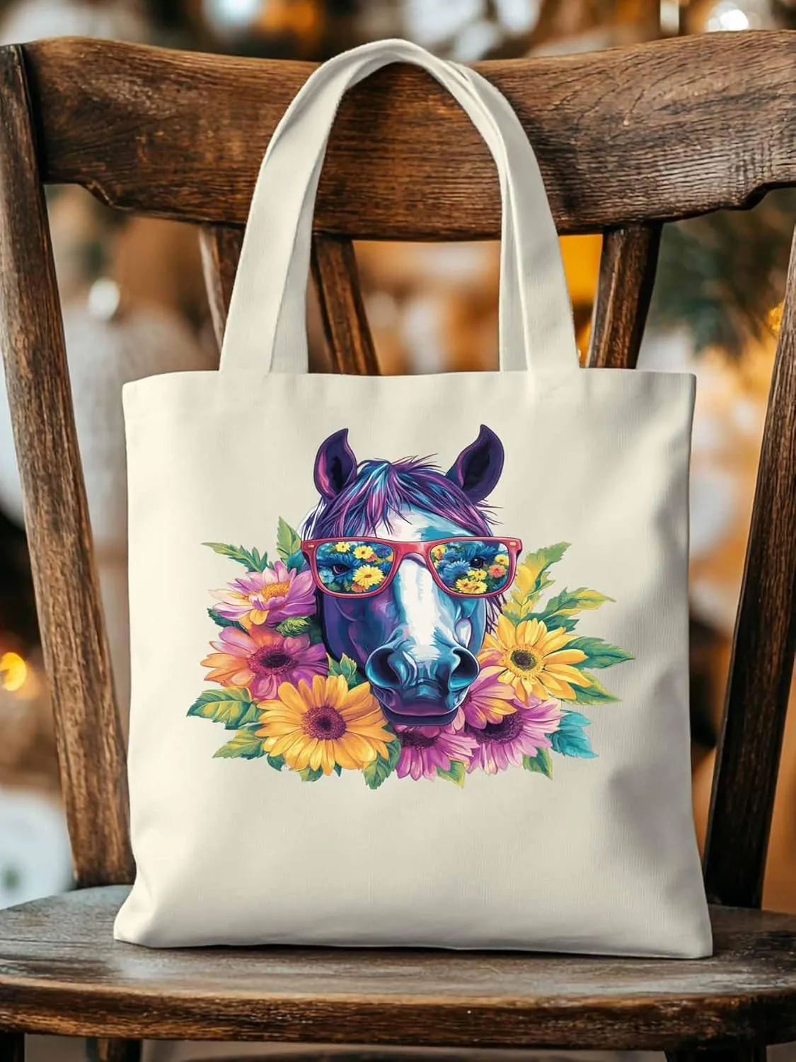 Canvas Tote Bag, Purple Horse Floral Print patterned Canvas Tote Handbags for Women Shoulder Bag,