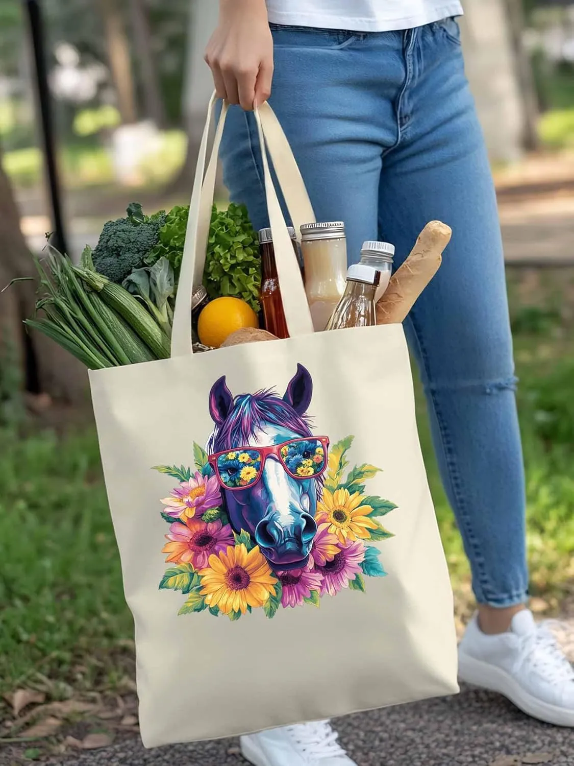 Canvas Tote Bag, Purple Horse Floral Print patterned Canvas Tote Handbags for Women Shoulder Bag,