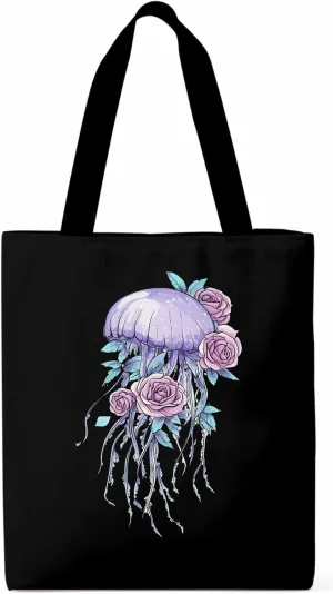 Canvas Tote Bag, Purple Jellyfish Pink Rose Floral patterned Canvas Tote Handbags for Women Shoulder Bag,
