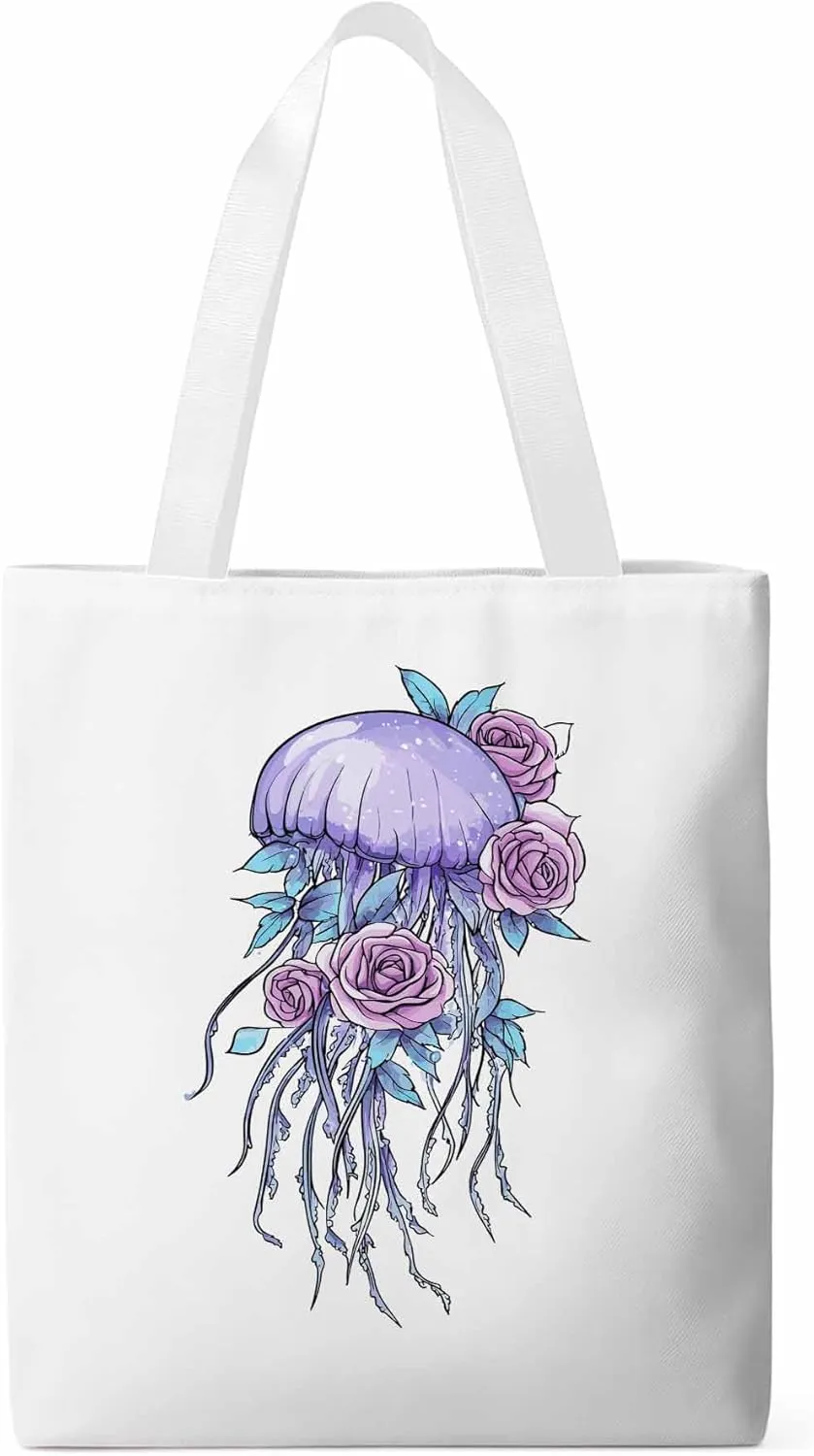 Canvas Tote Bag, Purple Jellyfish Pink Rose Floral patterned Canvas Tote Handbags for Women Shoulder Bag,