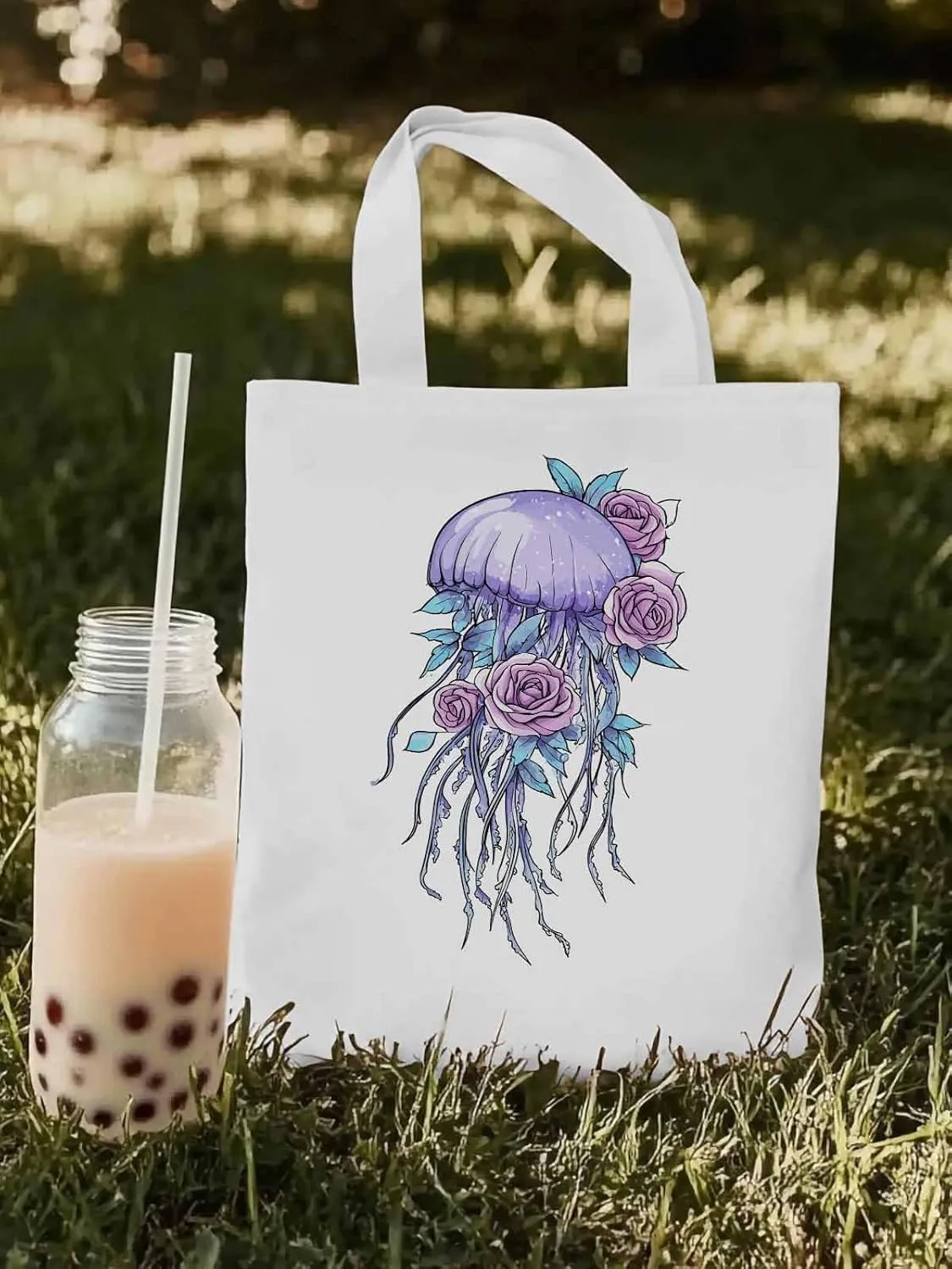 Canvas Tote Bag, Purple Jellyfish Pink Rose Floral patterned Canvas Tote Handbags for Women Shoulder Bag,