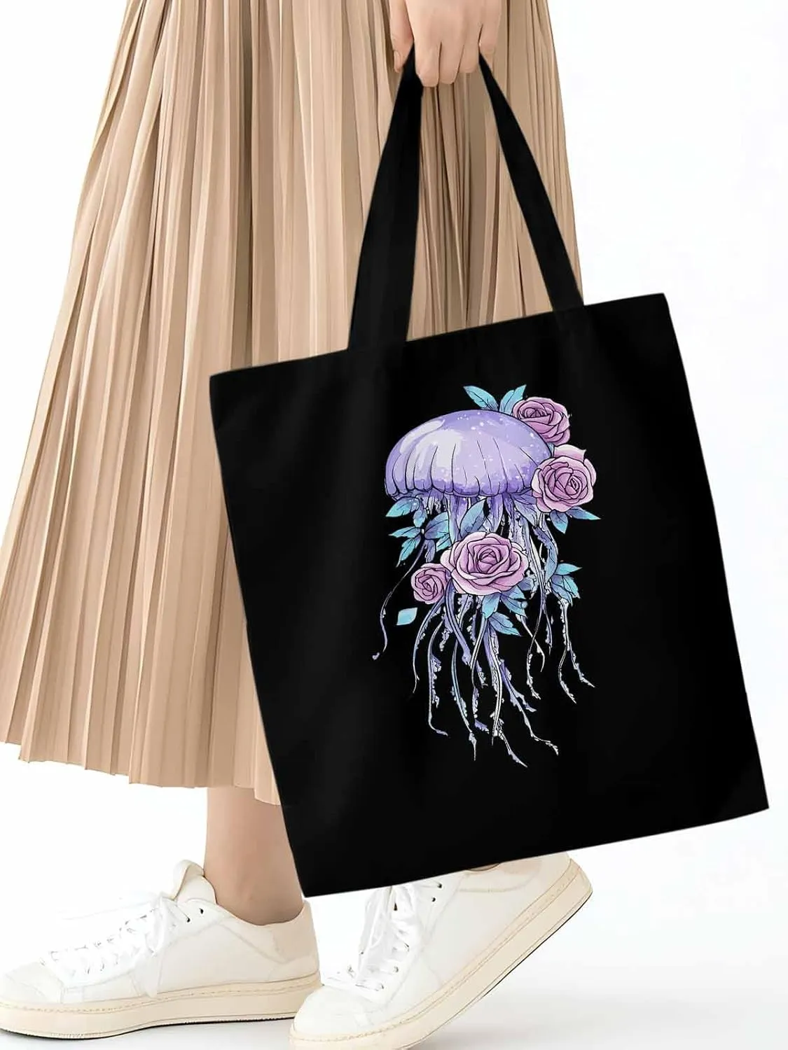 Canvas Tote Bag, Purple Jellyfish Pink Rose Floral patterned Canvas Tote Handbags for Women Shoulder Bag,