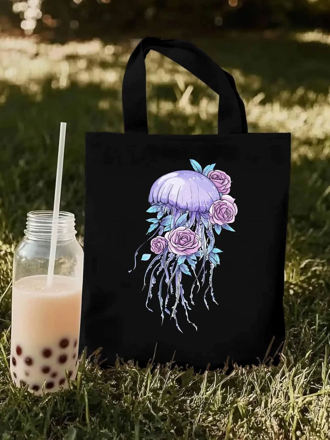 Canvas Tote Bag, Purple Jellyfish Pink Rose Floral patterned Canvas Tote Handbags for Women Shoulder Bag,