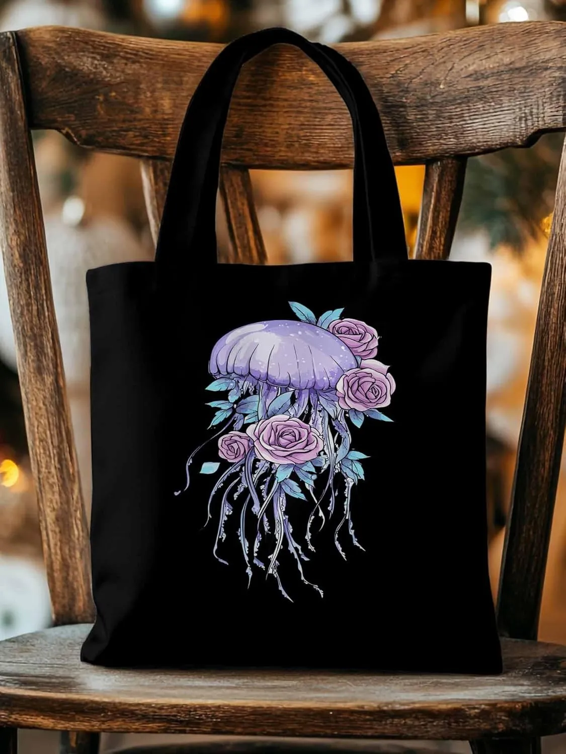 Canvas Tote Bag, Purple Jellyfish Pink Rose Floral patterned Canvas Tote Handbags for Women Shoulder Bag,