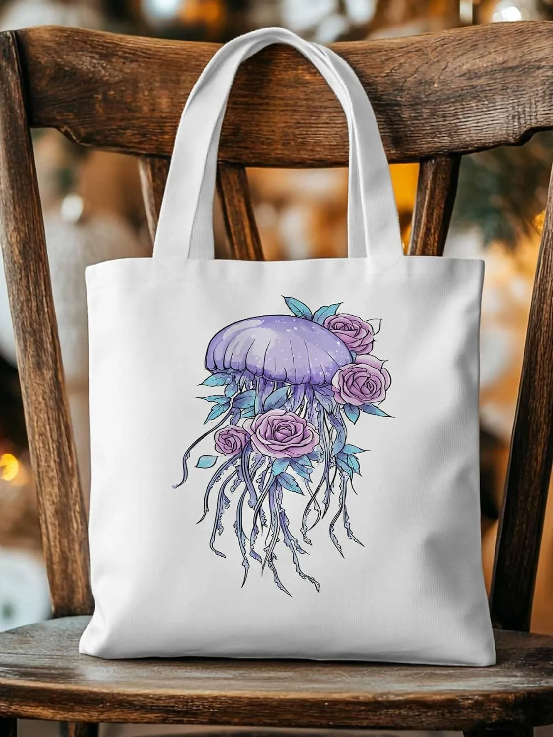 Canvas Tote Bag, Purple Jellyfish Pink Rose Floral patterned Canvas Tote Handbags for Women Shoulder Bag,
