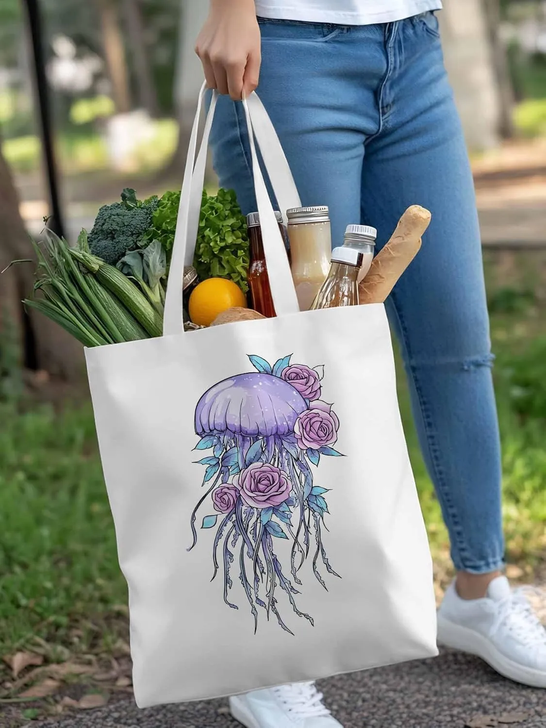 Canvas Tote Bag, Purple Jellyfish Pink Rose Floral patterned Canvas Tote Handbags for Women Shoulder Bag,