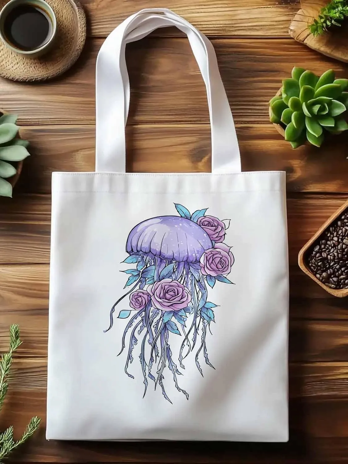 Canvas Tote Bag, Purple Jellyfish Pink Rose Floral patterned Canvas Tote Handbags for Women Shoulder Bag,