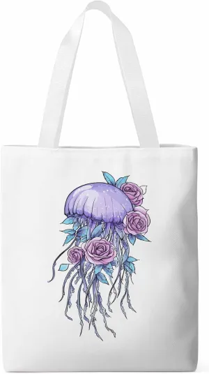 Canvas Tote Bag, Purple Jellyfish Pink Rose Floral patterned Canvas Tote Handbags for Women Shoulder Bag,