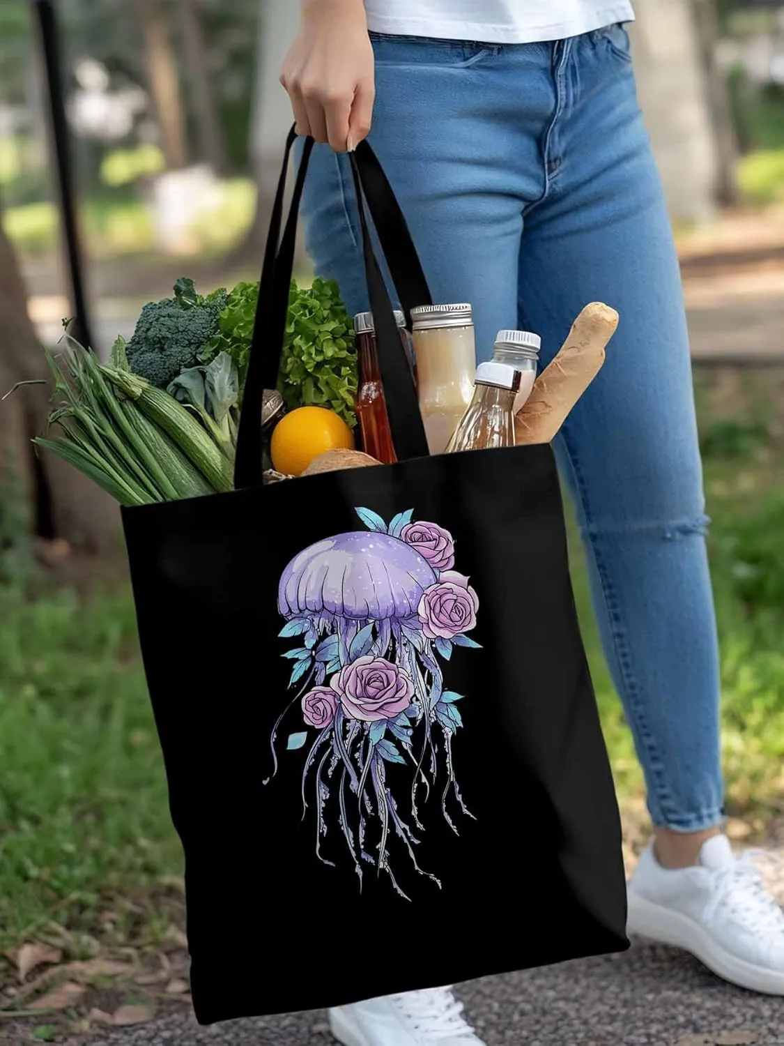 Canvas Tote Bag, Purple Jellyfish Pink Rose Floral patterned Canvas Tote Handbags for Women Shoulder Bag,