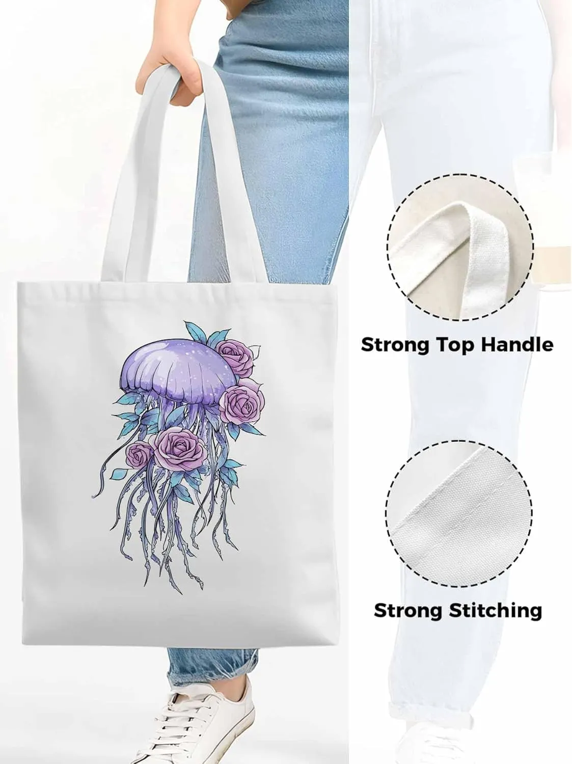 Canvas Tote Bag, Purple Jellyfish Pink Rose Floral patterned Canvas Tote Handbags for Women Shoulder Bag,