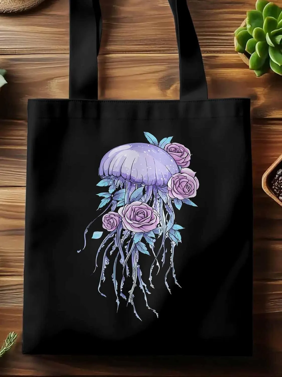 Canvas Tote Bag, Purple Jellyfish Pink Rose Floral patterned Canvas Tote Handbags for Women Shoulder Bag,