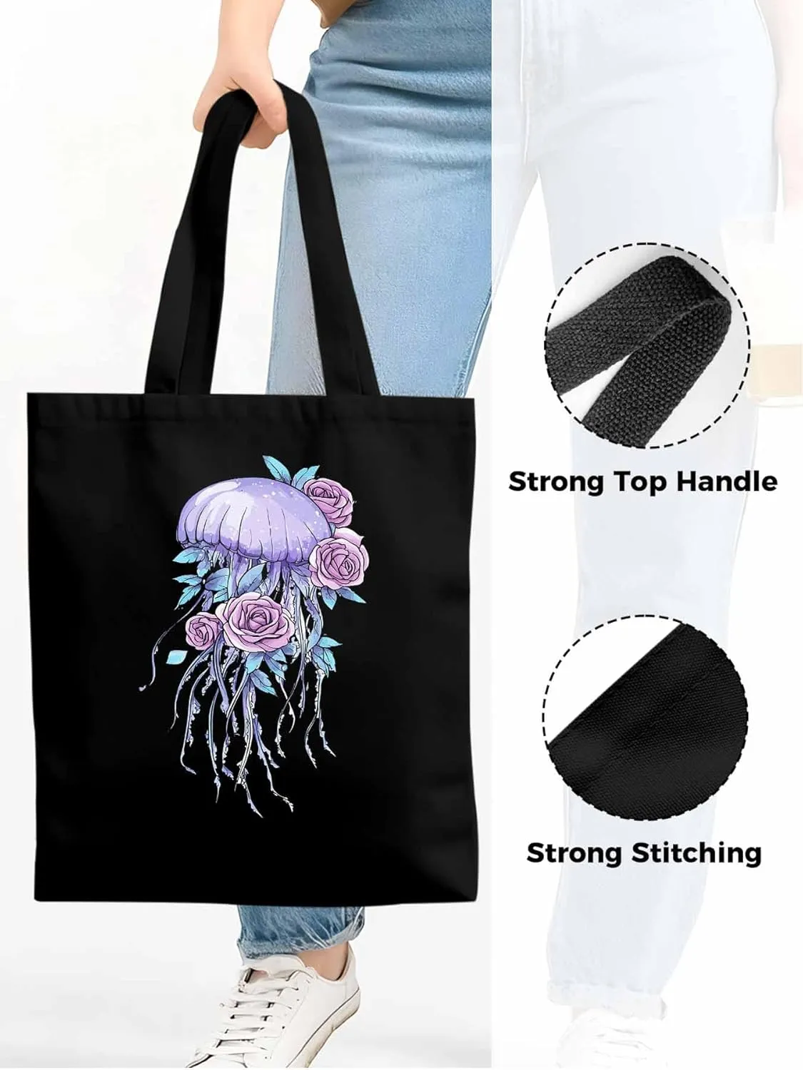 Canvas Tote Bag, Purple Jellyfish Pink Rose Floral patterned Canvas Tote Handbags for Women Shoulder Bag,