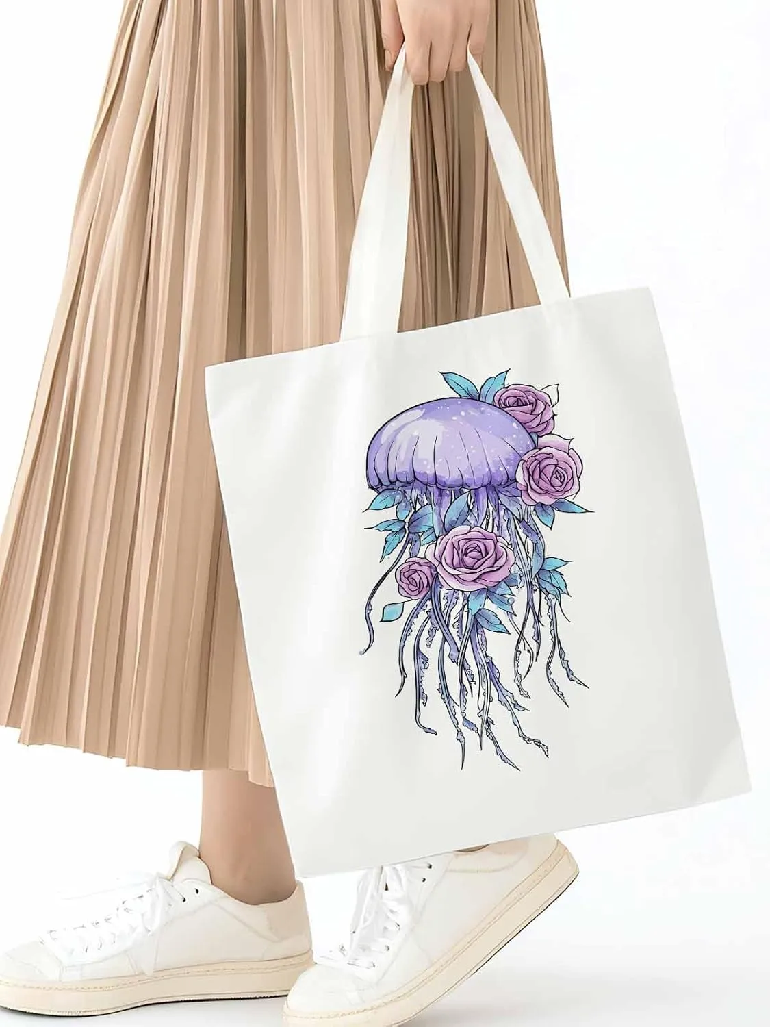 Canvas Tote Bag, Purple Jellyfish Pink Rose Floral patterned Canvas Tote Handbags for Women Shoulder Bag,