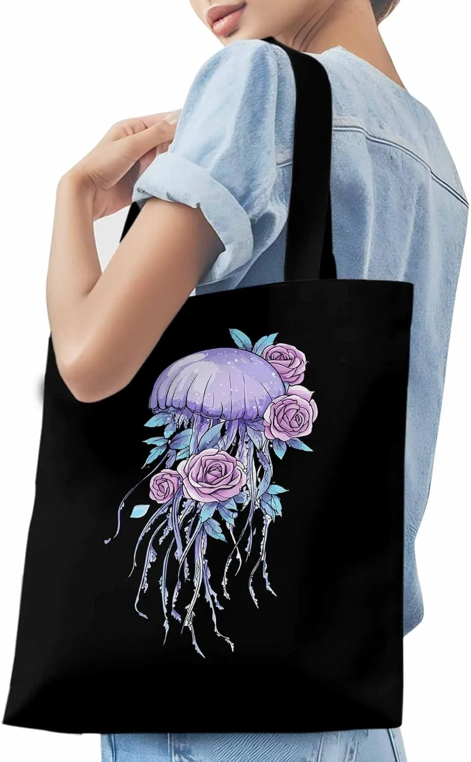 Canvas Tote Bag, Purple Jellyfish Pink Rose Floral patterned Canvas Tote Handbags for Women Shoulder Bag,