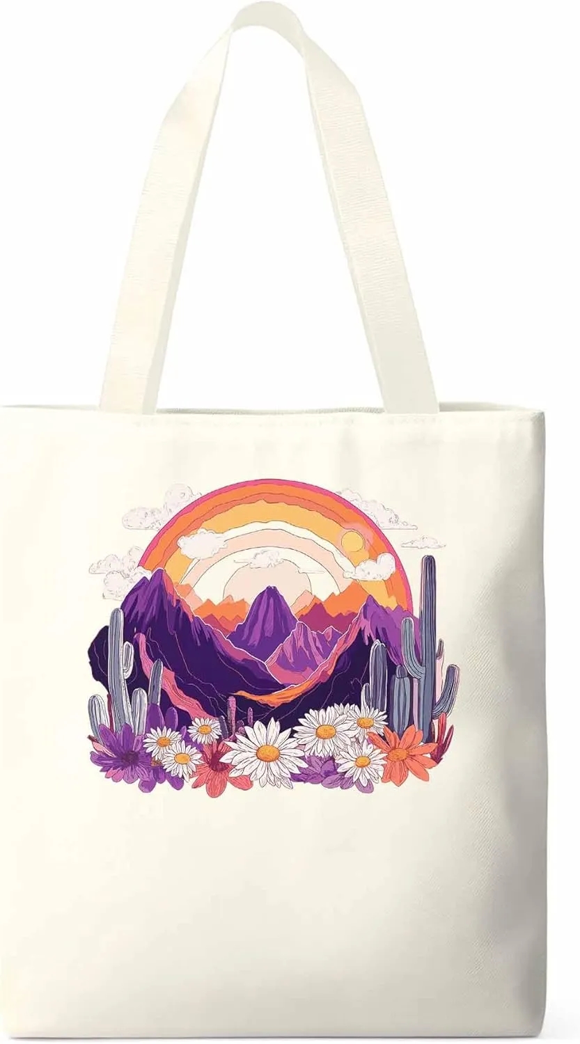 Canvas Tote Bag, Purple Montain Rainbow Cactus Daisy patterned Canvas Tote Handbags for Women Shoulder Bag,