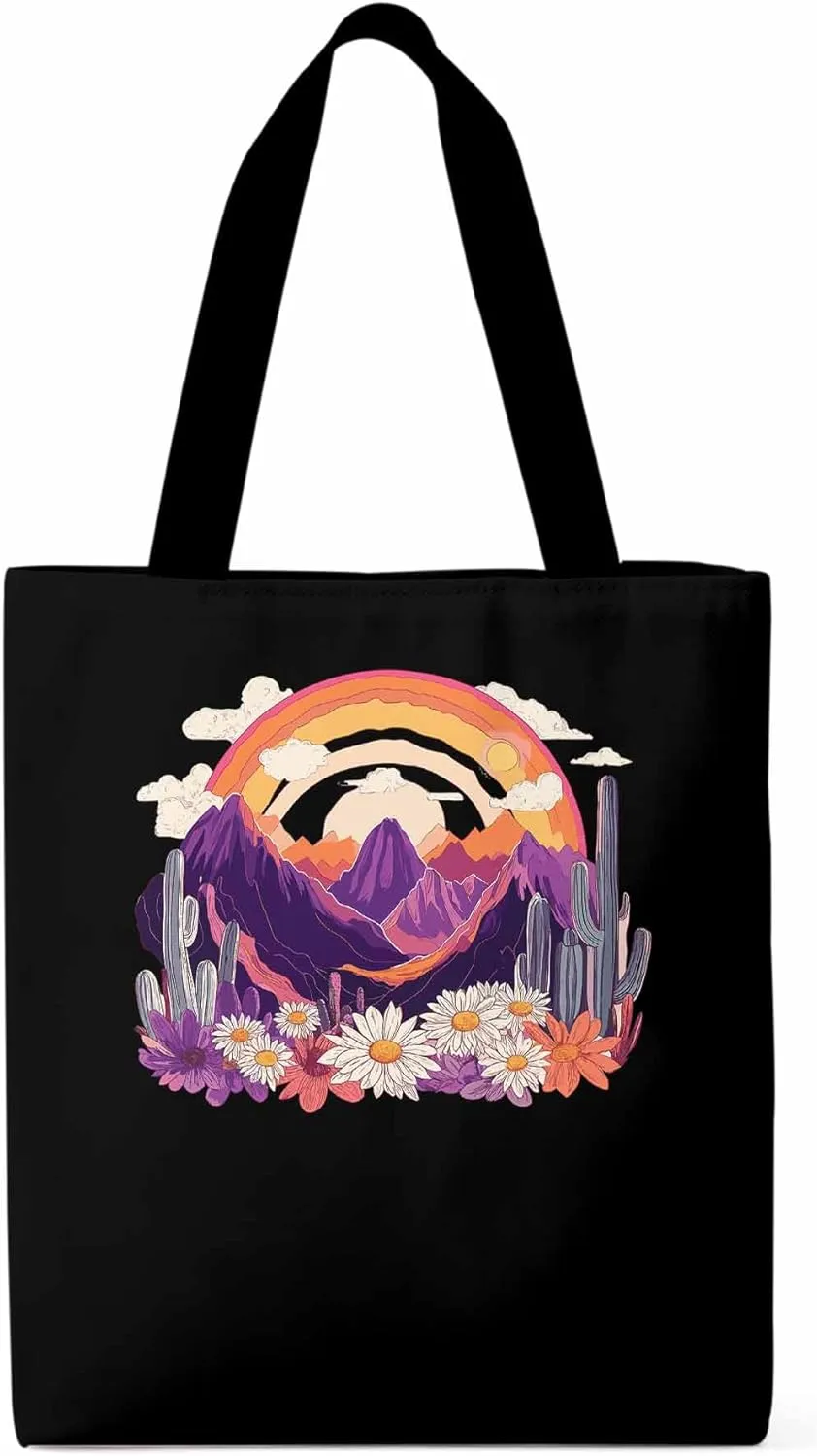 Canvas Tote Bag, Purple Montain Rainbow Cactus Daisy patterned Canvas Tote Handbags for Women Shoulder Bag,
