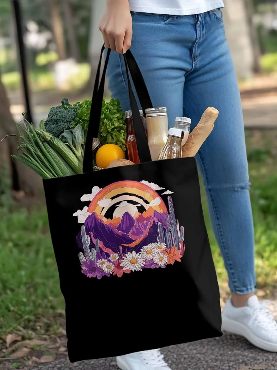Canvas Tote Bag, Purple Montain Rainbow Cactus Daisy patterned Canvas Tote Handbags for Women Shoulder Bag,